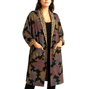 FREE PEOPLE Wild Nights Duster Leopard Trim Floral Oversized Kimono Jacket